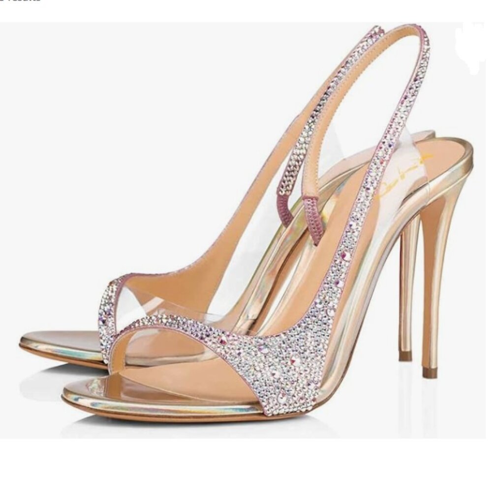 XYD Champagne Rhinestone Studded Slingback Sandals Open Toe High Heel PVC Shoes